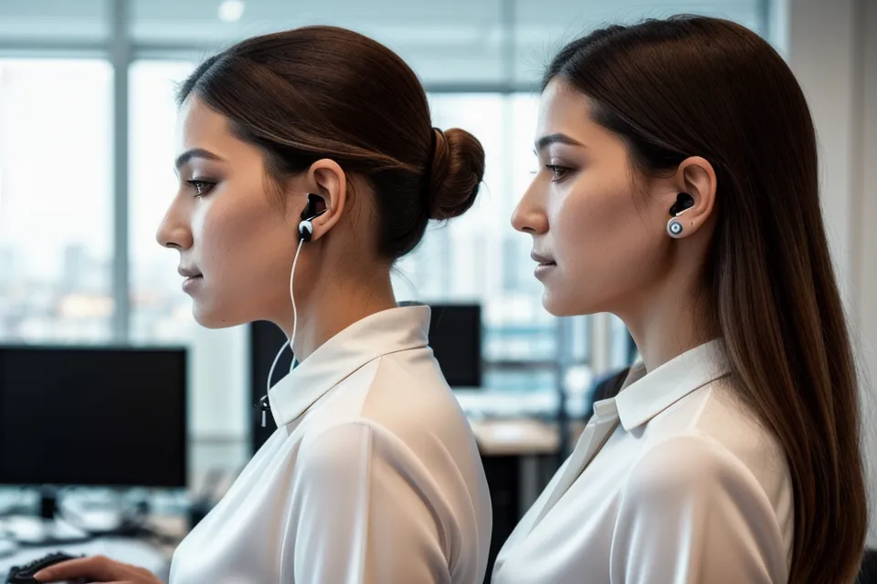 Eine Frau im Büro, die kurz die Augen schließt und Frequenz-Audios zur Entspannung nutzt.
