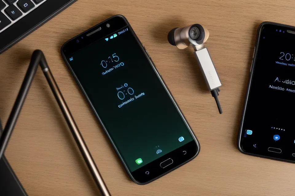 Smartphone-Display mit 20-Minuten-Timer einer Audio-App auf einem aufgeräumten Schreibtisch.