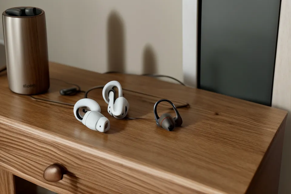 Notizen-App mit Schlafprotokoll und In-Ear-Kopfhörern auf einem Nachttisch