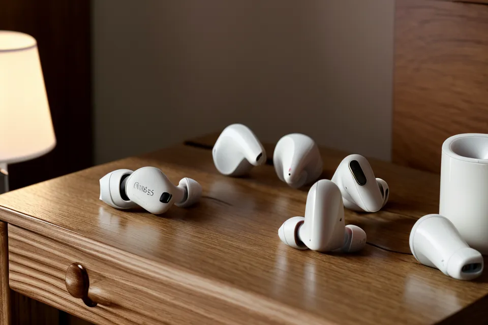 Kaffeetasse und Earbuds auf einem Schreibtisch während der Arbeit