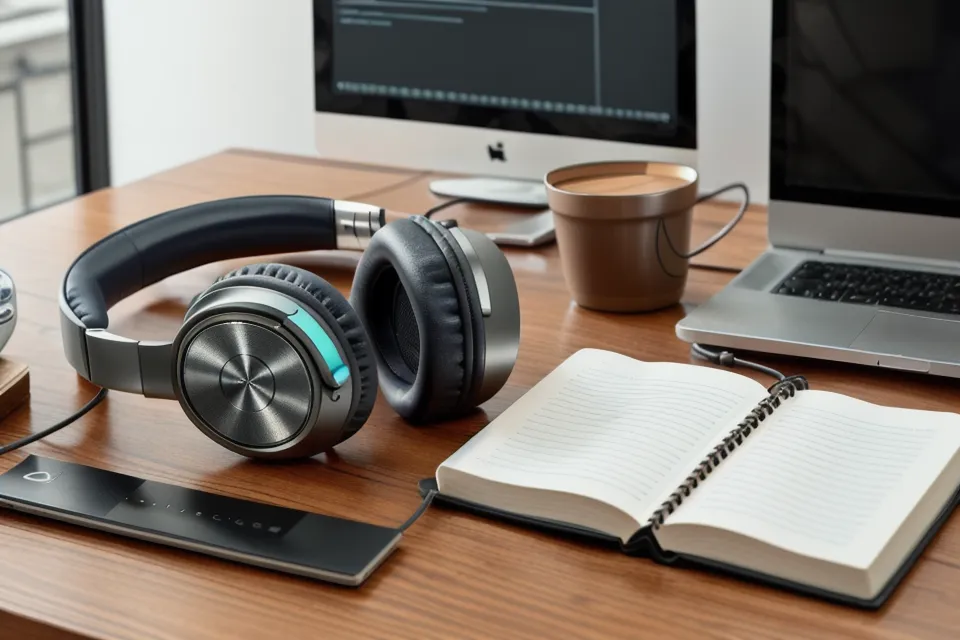 Kopfhörer neben Kaffeetasse und Projektunterlagen auf dem Schreibtisch – Vorbereitung auf eine DMH Beats Session für mehr Schlafoptimierung nach einem stressigen Tag im IT-Projektmanagement