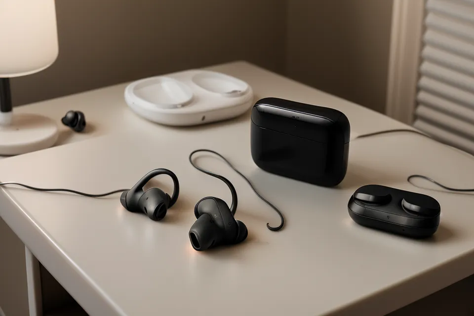 Nahaufnahme von hochwertigen Noise-Cancelling-Kopfhörern auf einem Holzschreibtisch im Büro.