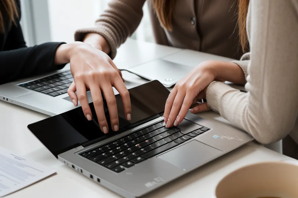 Homeoffice-Schreibtisch mit Kaffeetasse, Laptop und Kopfhörern für Frequenz-Audio gegen IT-Stress