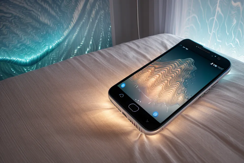 Smartphone mit Frequenz-Audio-App neben Schlafmaske als Einschlafhilfe bei Schlafstörungen