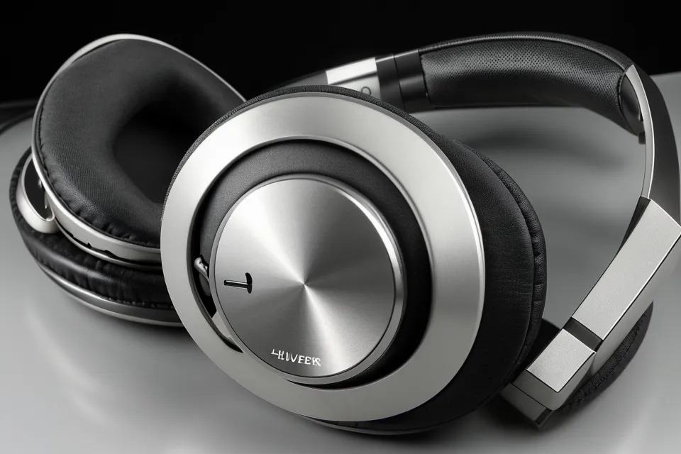 Nahaufnahme von Over-Ear-Kopfhörern und einem Smartphone mit Audio-Wellenform auf einem Schreibtisch.