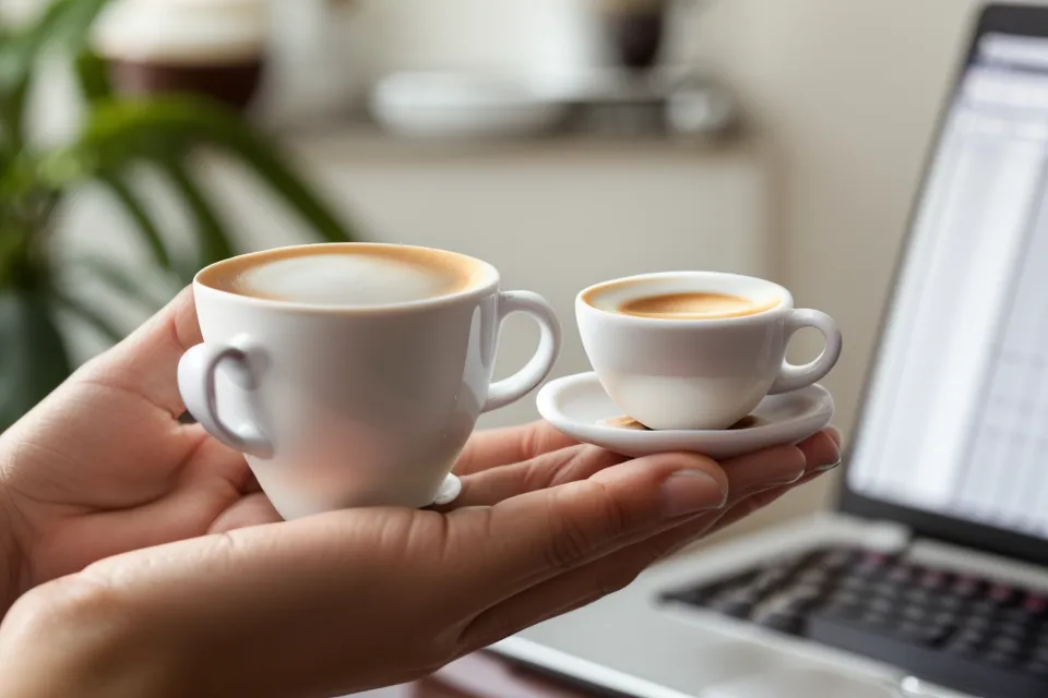 Eine Hand hält eine kleine Espressotasse vor einem verschwommenen Laptop-Bildschirm im Büro.