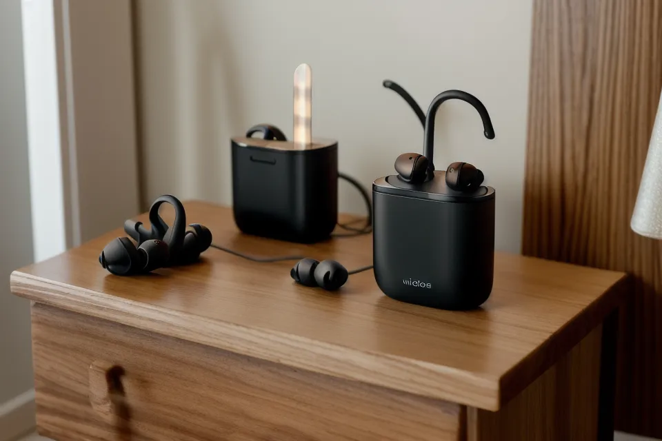Projektleiterin entspannt kurz nach einer Fokus-Session mit binauralen Beats im Büro