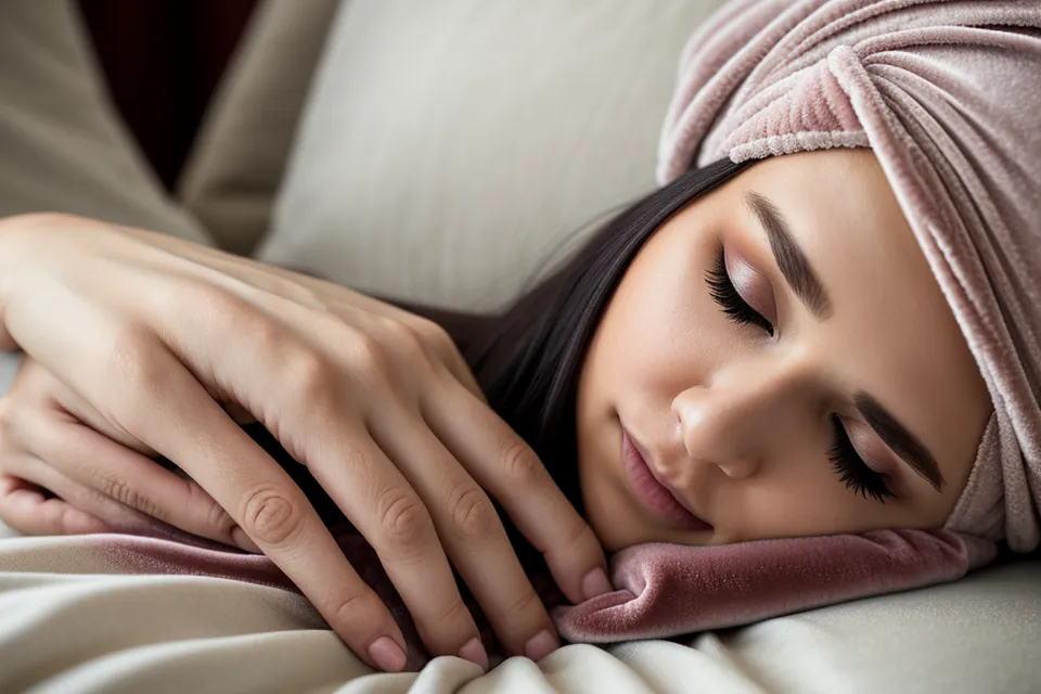 Nahaufnahme einer Frau mit Over-Ear-Kopfhörer, die abends eine Theta-Wellen-Session gegen ihre Schlafstörungen hört.