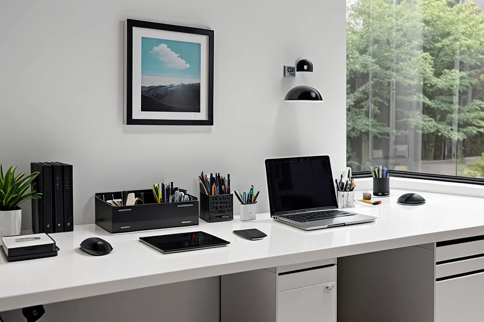 Schreibtisch mit Laptop, Kaffee und Kopfhörern, die im Homeoffice gegen IT-Stress für mehr Fokus sorgen.