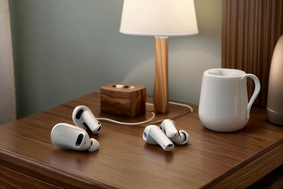 Nahaufnahme von Kopfhörern und einem Smartphone, das Audio-Frequenzen auf dem Bildschirm zeigt.
